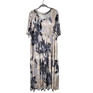 LOGO Gray Neutral Abstract Print Stretch Drop Waist Midi Dress L Flowy Casual‎